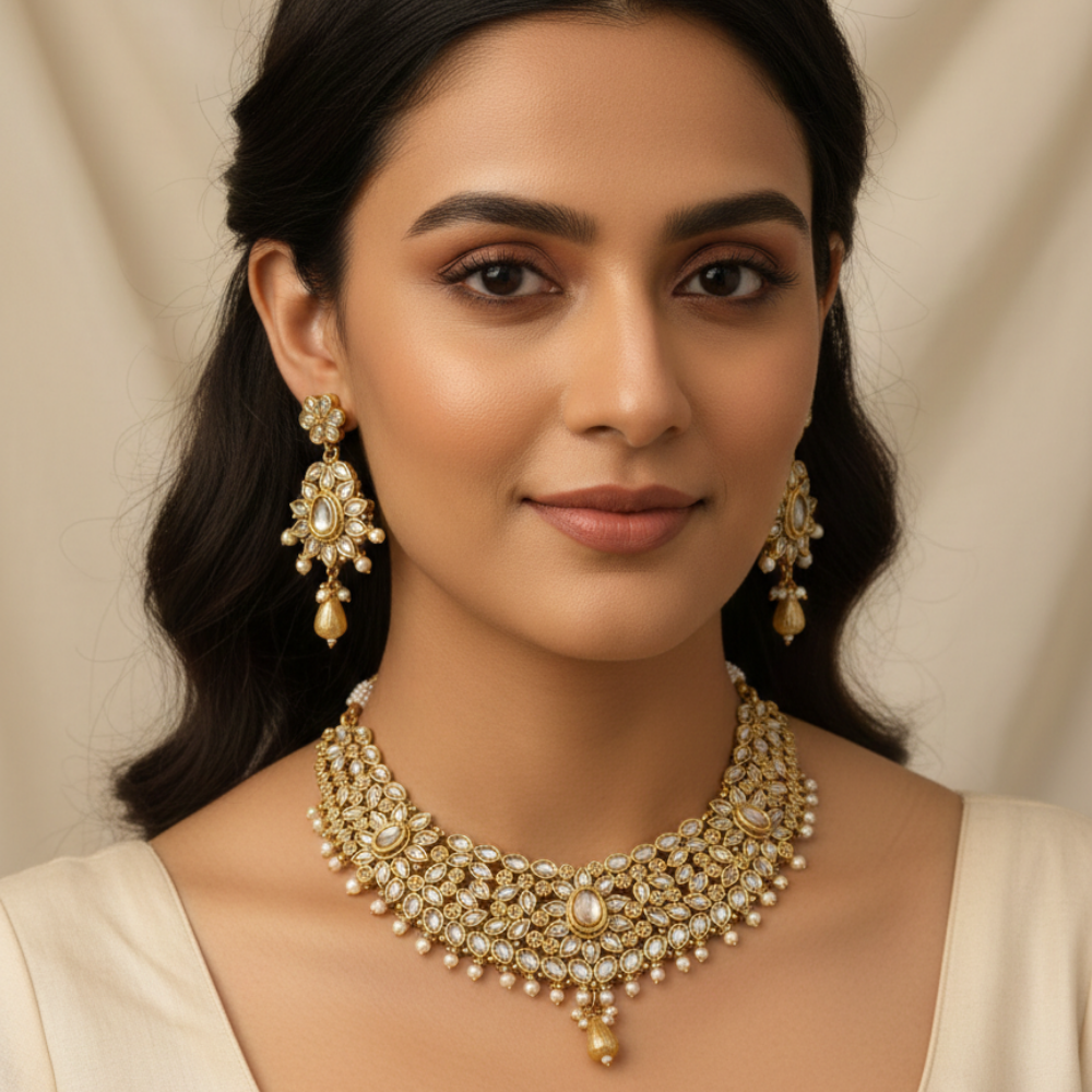 Choker Necklace With Peach Stones & White Pearls