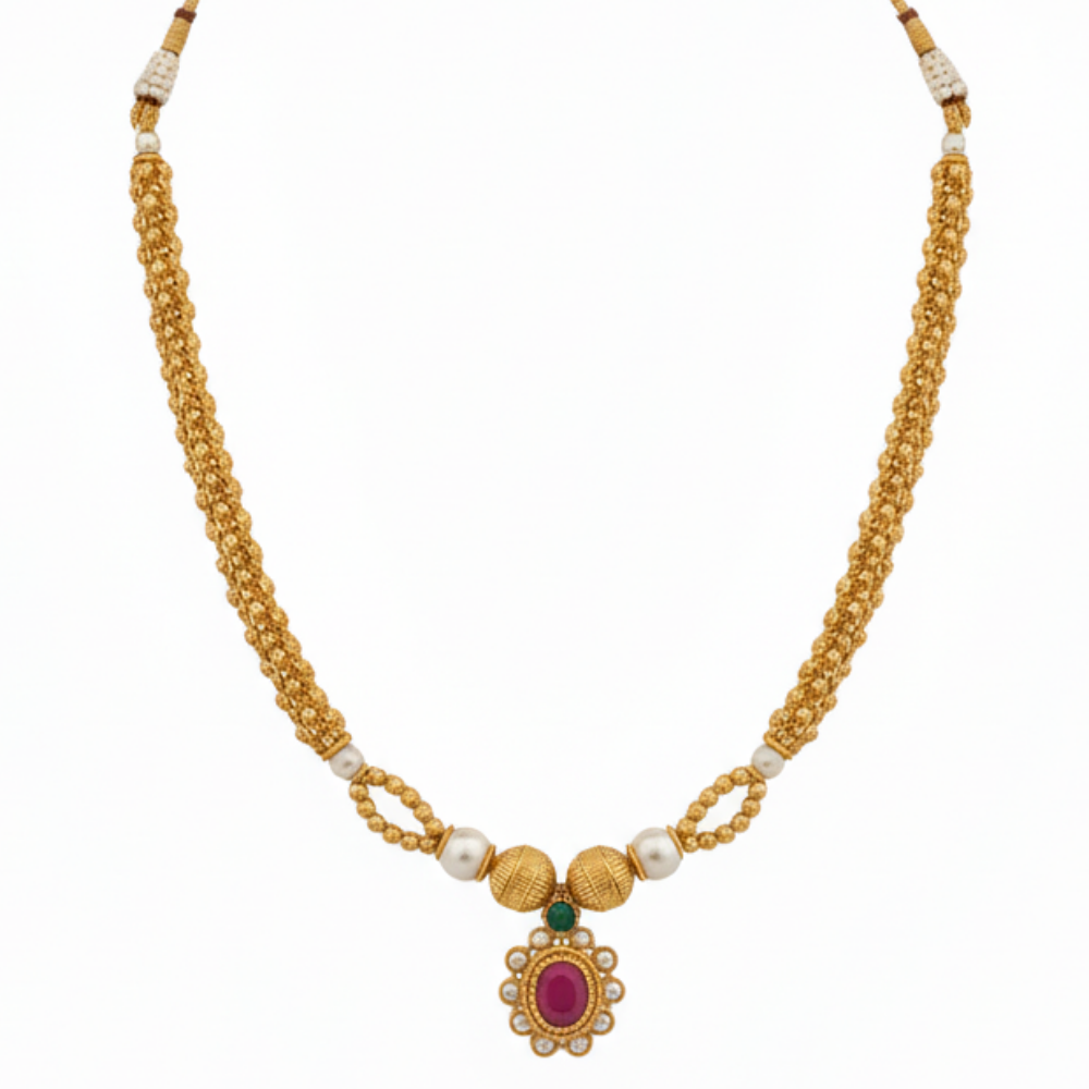 Slim Single thread Choker with Small Red Stone Pendant