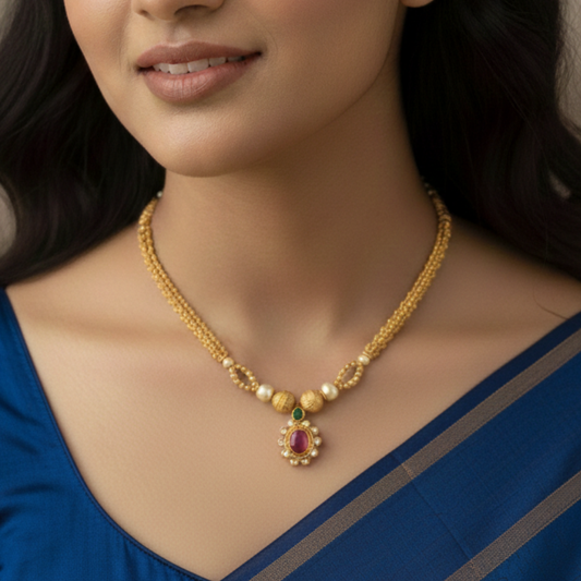 Slim Single thread Choker with Small Red Stone Pendant