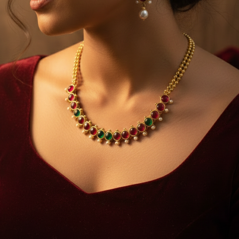 Red and Green Kemp Stone Short Necklace
