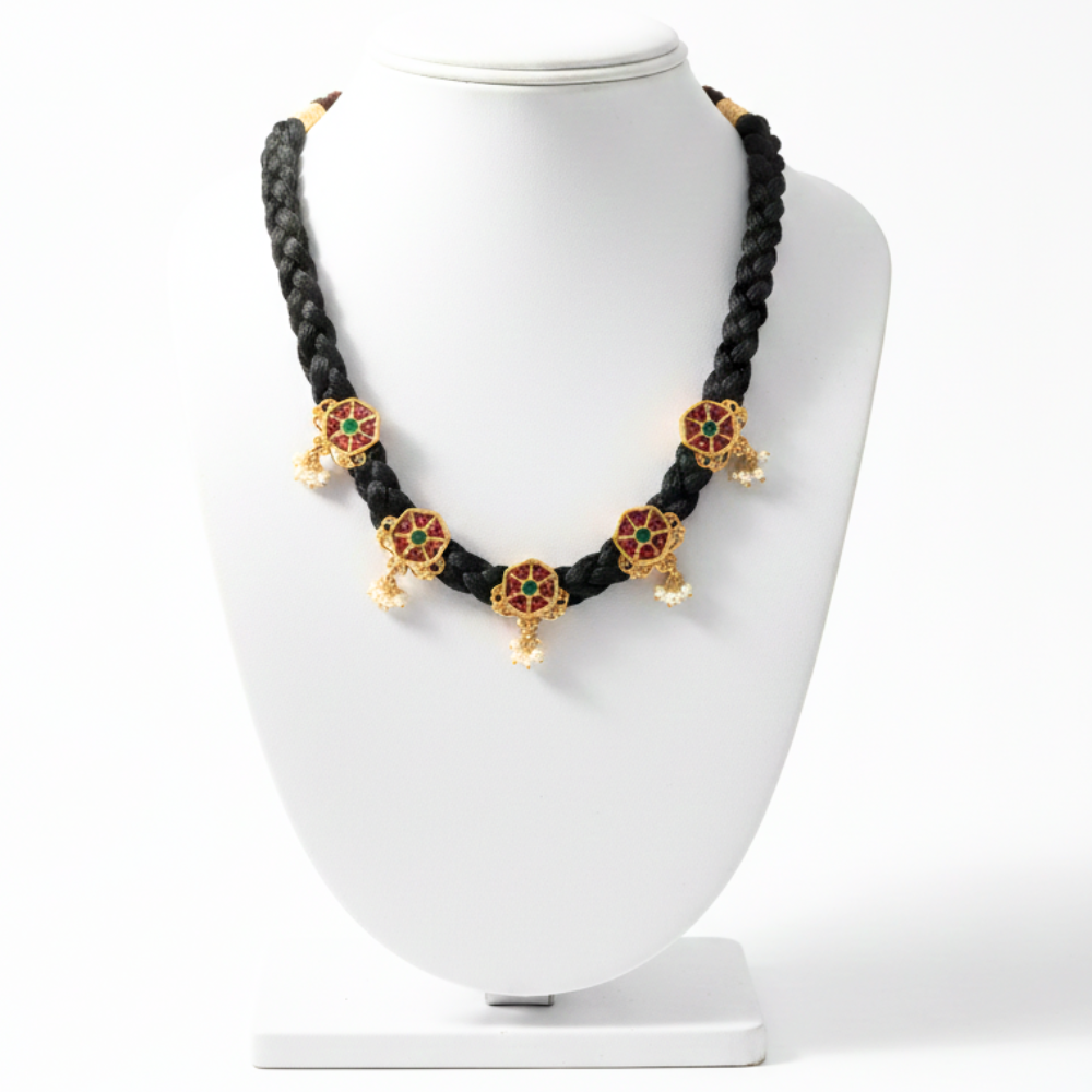 Black Thread Necklace with Red and Green Stones