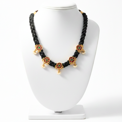 Black Thread Necklace with Red and Green Stones