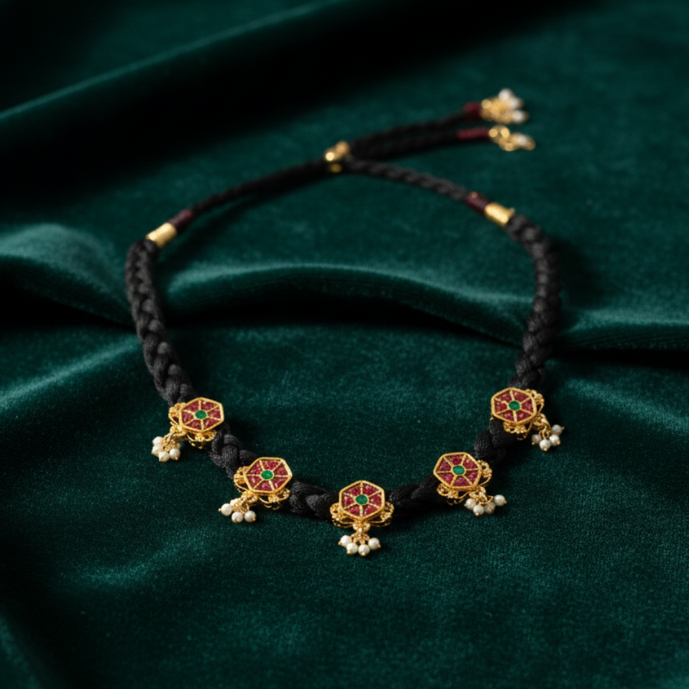 Black Thread Necklace with Red and Green Stones