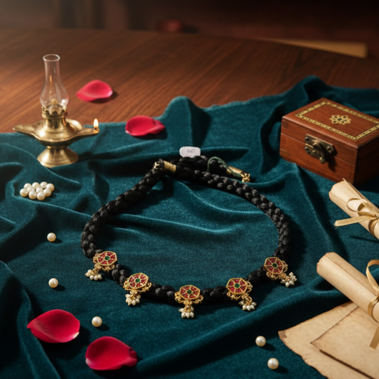 Black Thread Necklace with Red and Green Stones