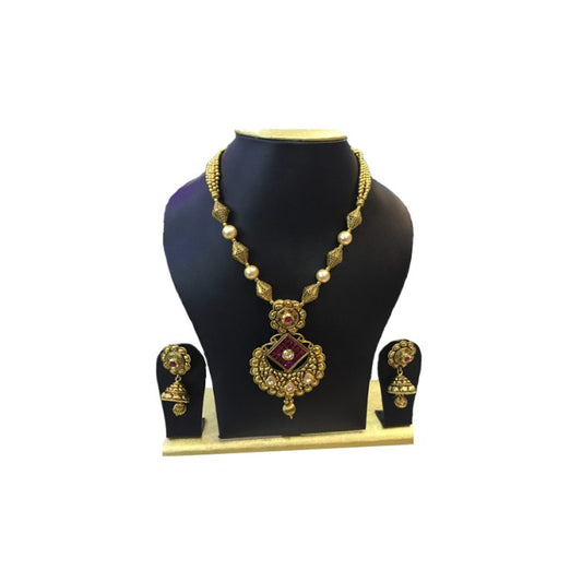 Gold Plated Necklace Set With Diamond Red stone