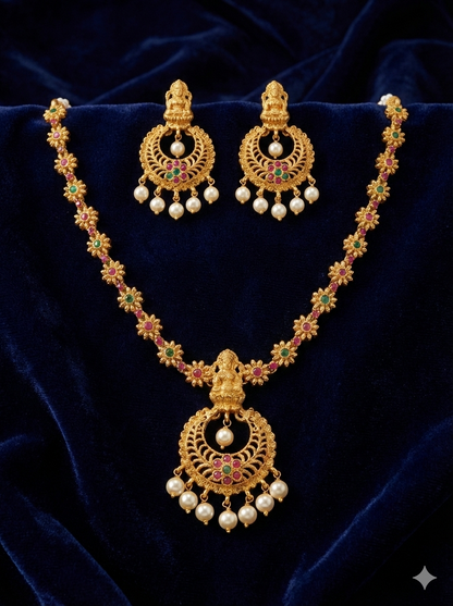 Small Flower And Pearls Necklace with Chandbali Earrings