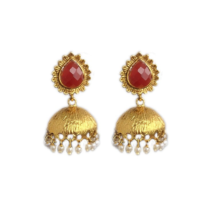 Gold plated with red stone and white pearls