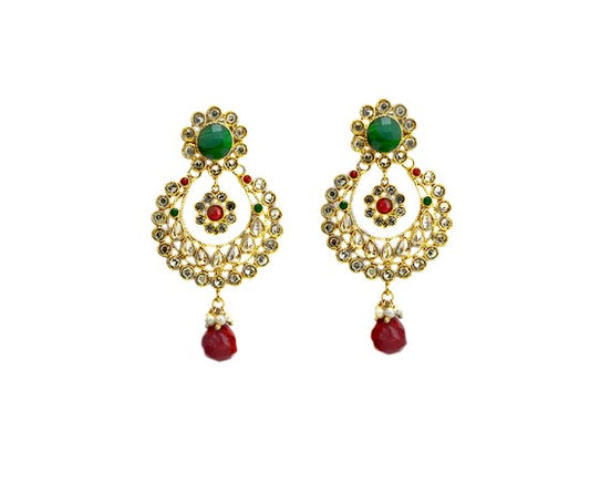 Gold Plated Drops White and Green Stone with Red Pearl