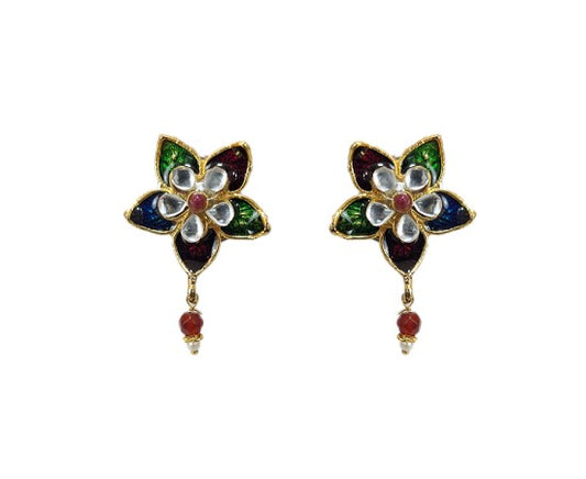 Gold plated drops flower design with green and red blue stones