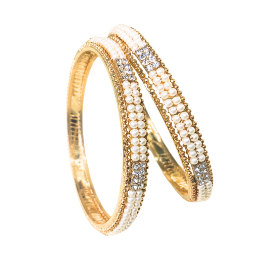 Gold Plated Pearl Bangles With White Stones
