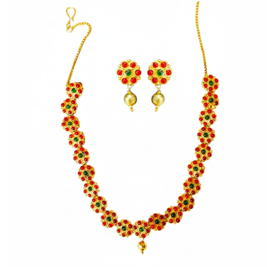 Flower Design Choker Necklace with Red & Green Stones
