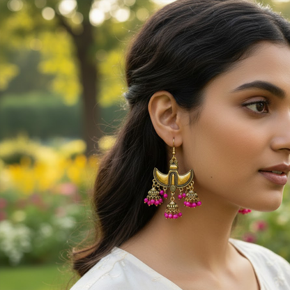 Double Claw Pattern Hangings with Pink Bead Jhumkas