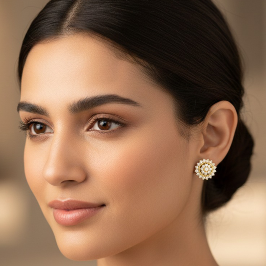 Flower Pattern White Stones Studs