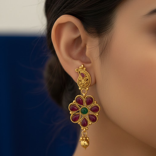 Manga Stud Red & Green Stones Hanging Earrings