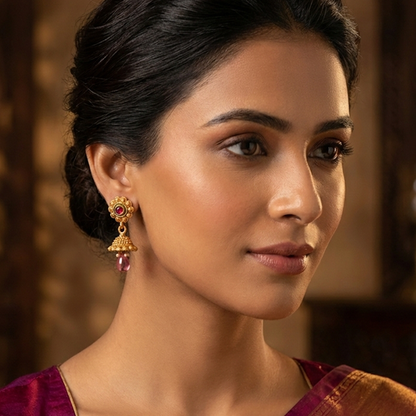 Red Stones with Hanging Beads Jhumka