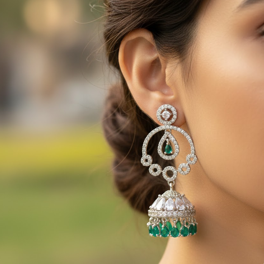 Silver Plated White Stone Jhumka with Color Stones