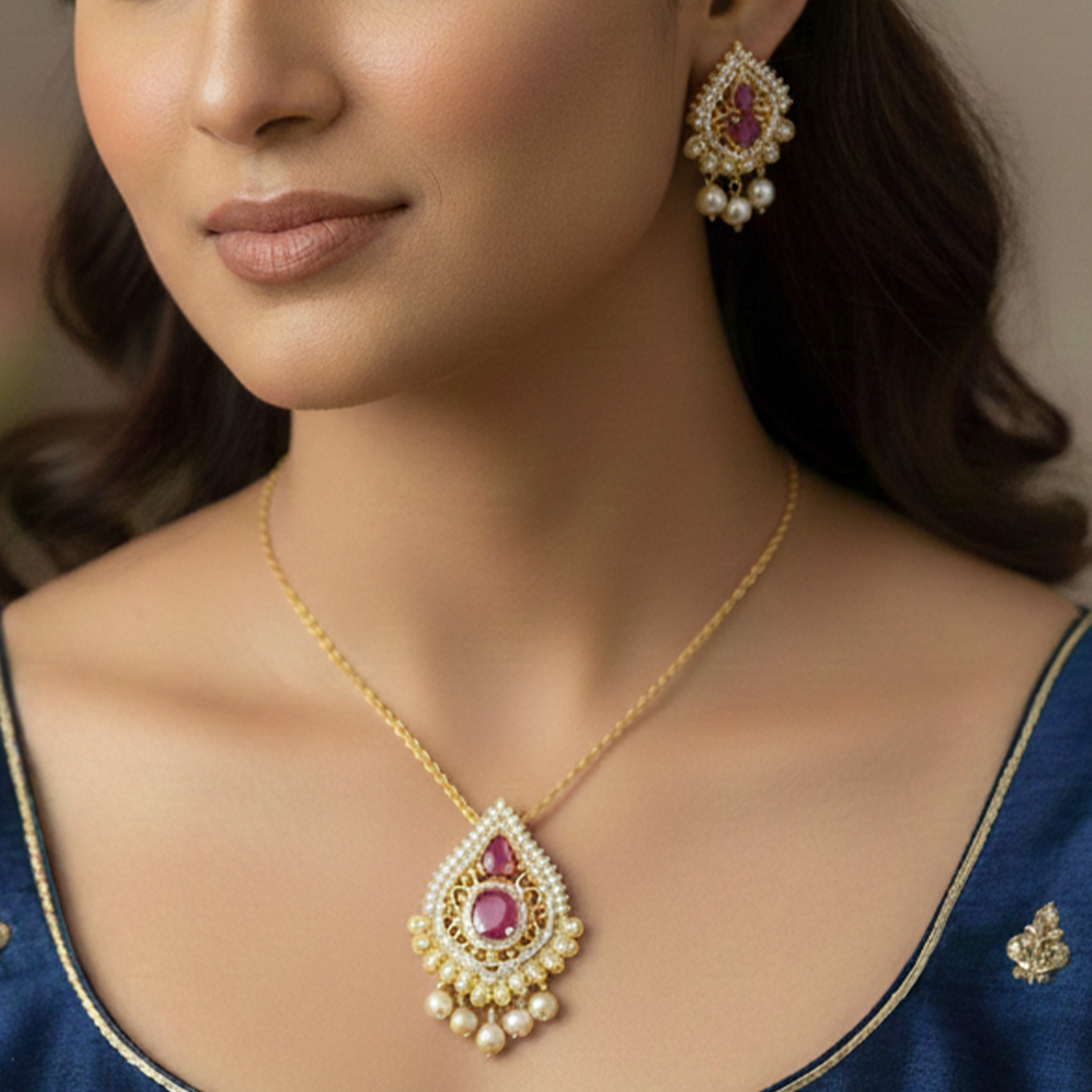 White and Red Stones Pearl Hanging Pendant with Earrings