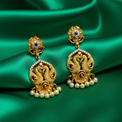 Double Peacock Model Chandbali with Hanging Pearls