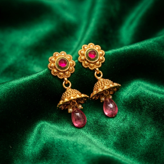 Red Stones with Hanging Beads Jhumka