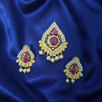 White and Red Stones Pearl Hanging Pendant with Earrings