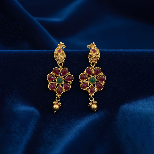 Manga Stud Red & Green Stones Hanging Earrings