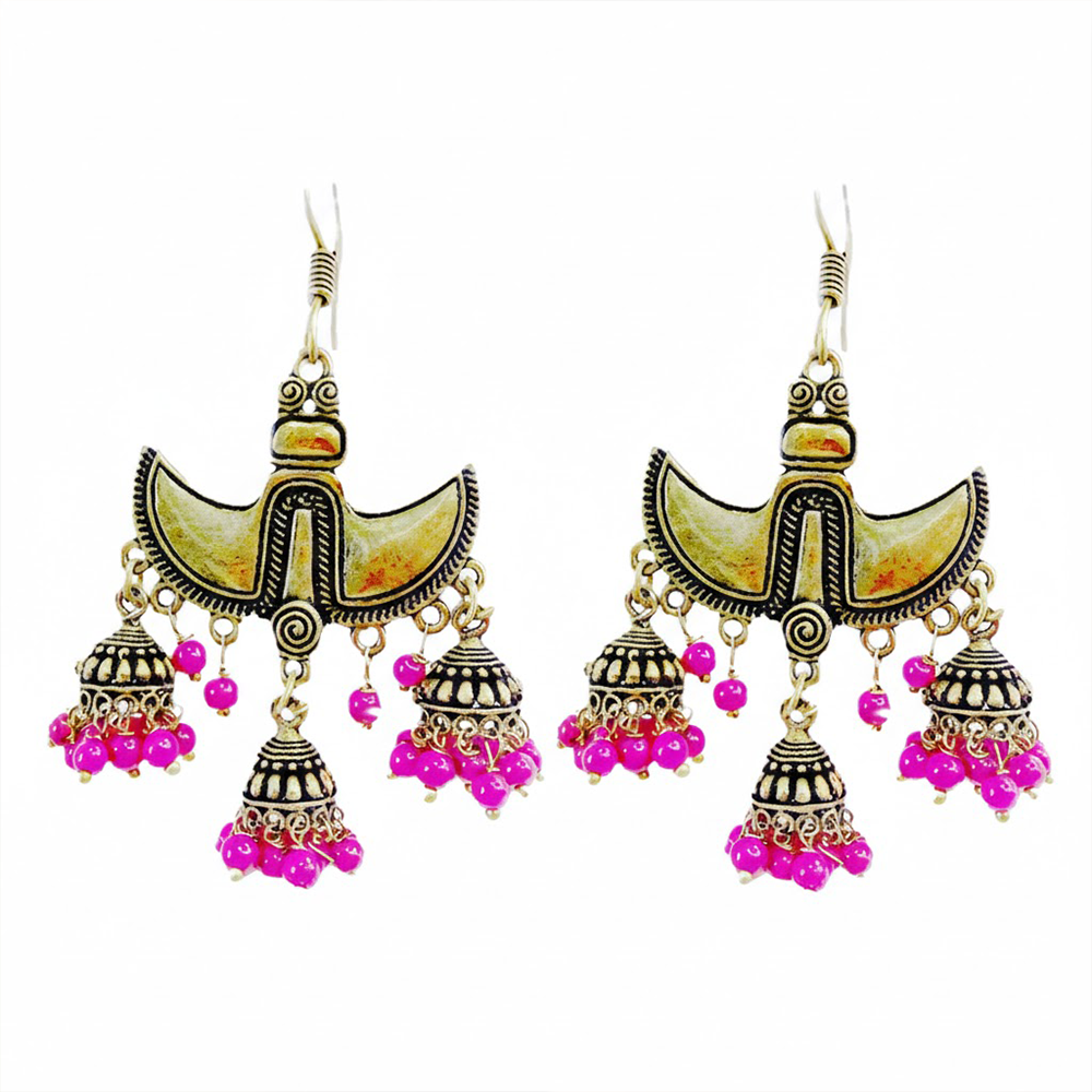 Double Claw Pattern Hangings with Pink Bead Jhumkas