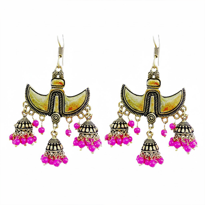 Double Claw Pattern Hangings with Pink Bead Jhumkas