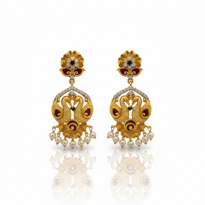 Double Peacock Model Chandbali with Hanging Pearls