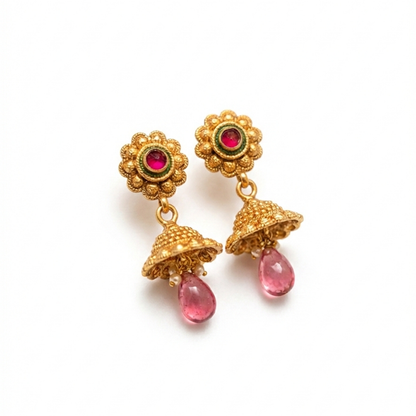 Red Stones with Hanging Beads Jhumka