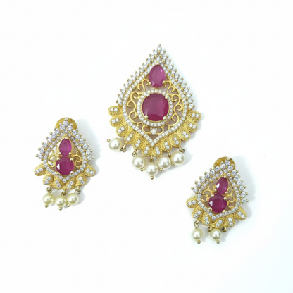 White and Red Stones Pearl Hanging Pendant with Earrings