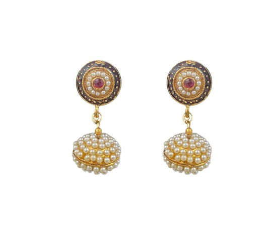 Gold plated with red stone and white pearls drops