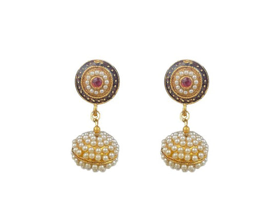 Gold plated with red stone and white pearls drops