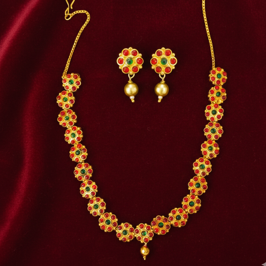 Flower Design Choker Necklace with Red & Green Stones