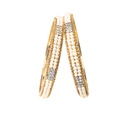 Gold Plated Pearl Bangles With White Stones