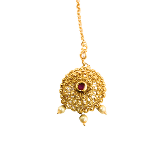 Gold plated big round maang tikka white pearl
