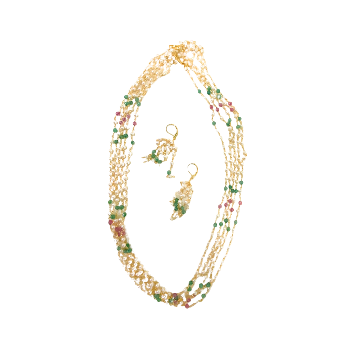 Gold plated five layer chain with white pearls red and green beads