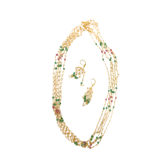 Gold plated five layer chain with white pearls red and green beads