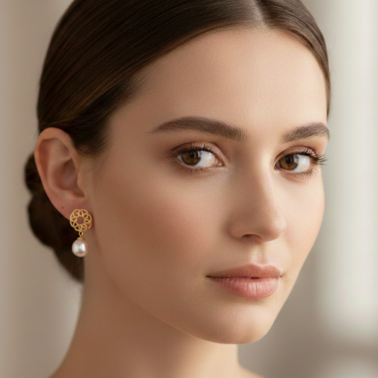 Swirls Circle with Hanging Pearls Studs