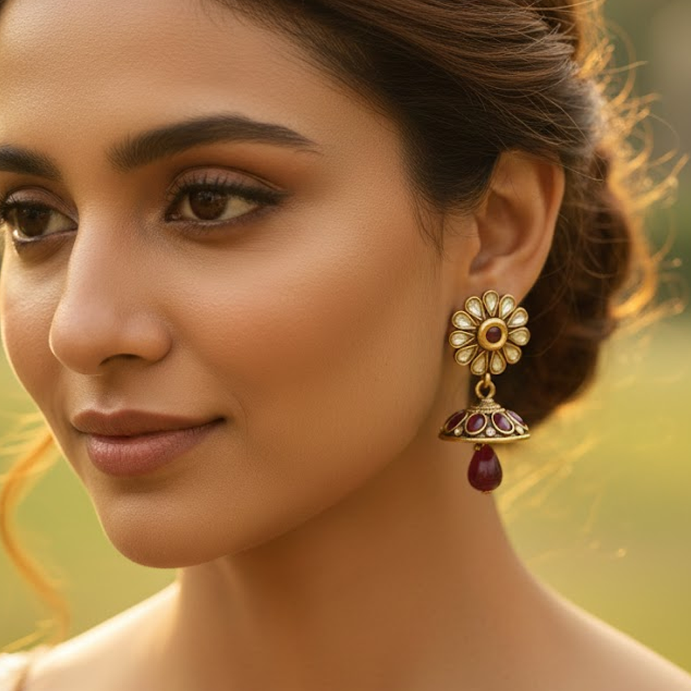 Kundan Stone Flower Stud Red Stone Jhumka