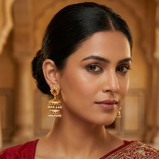 Gold Plated Jhumka Red Stones With White Beads
