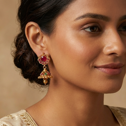 Red Stones Stud with Red & Green Jhumka