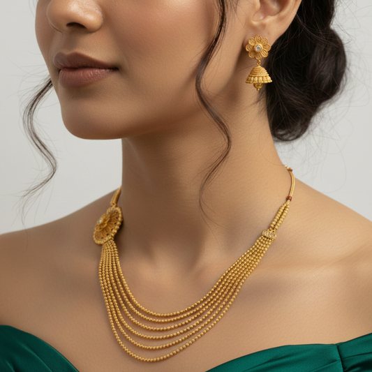 Gold plated Five layer necklace with flower Round Design