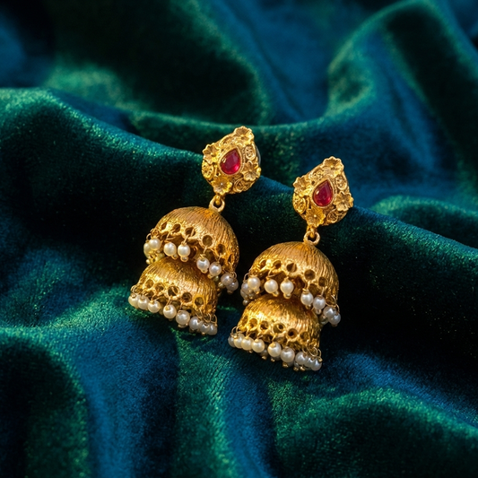 Gold Plated Jhumka Red Stones With White Beads