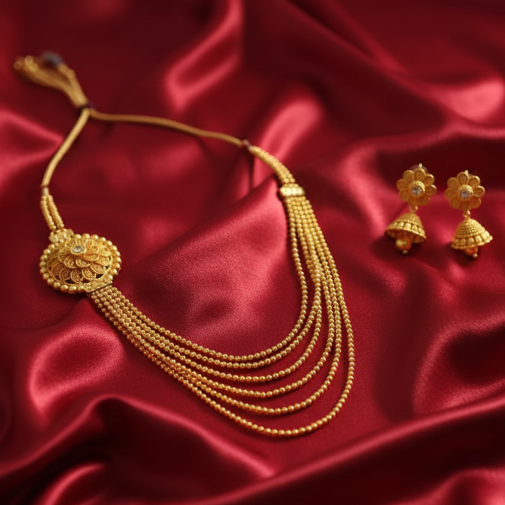 Gold plated Five layer necklace with flower Round Design