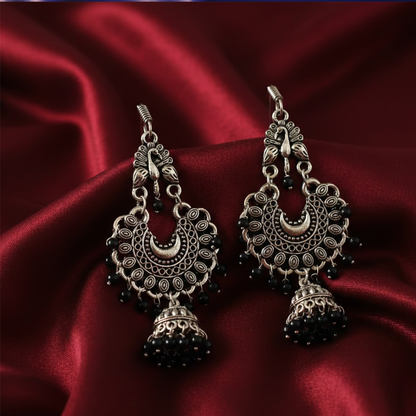 Peacock hanging Chandbalis with Black Beads Jhumkas