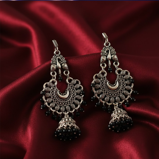 Peacock hanging Chandbalis with Black Beads Jhumkas