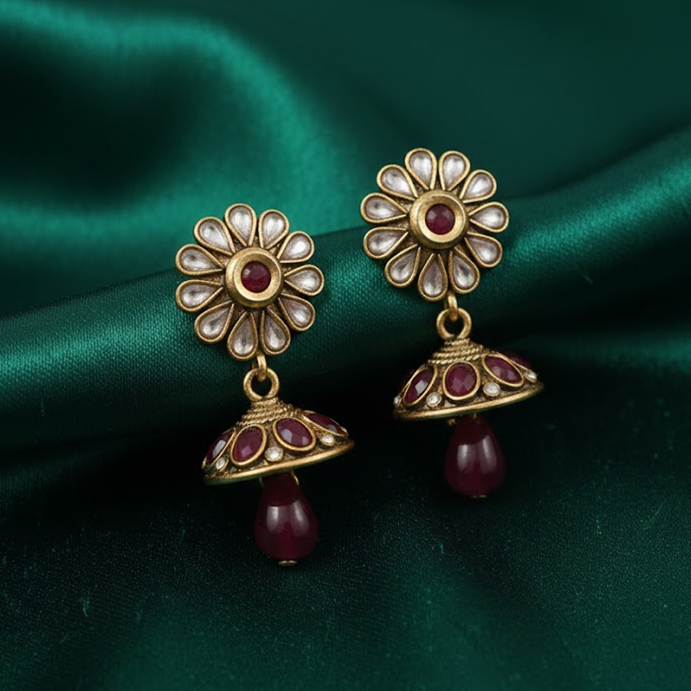 Kundan Stone Flower Stud Red Stone Jhumka