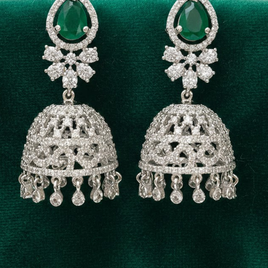 Silver Jhumkas With White And Green Stone