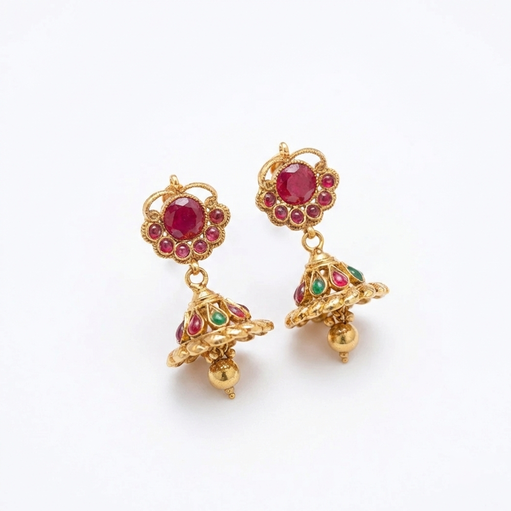 Red Stones Stud with Red & Green Jhumka