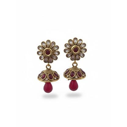 Kundan Stone Flower Stud Red Stone Jhumka